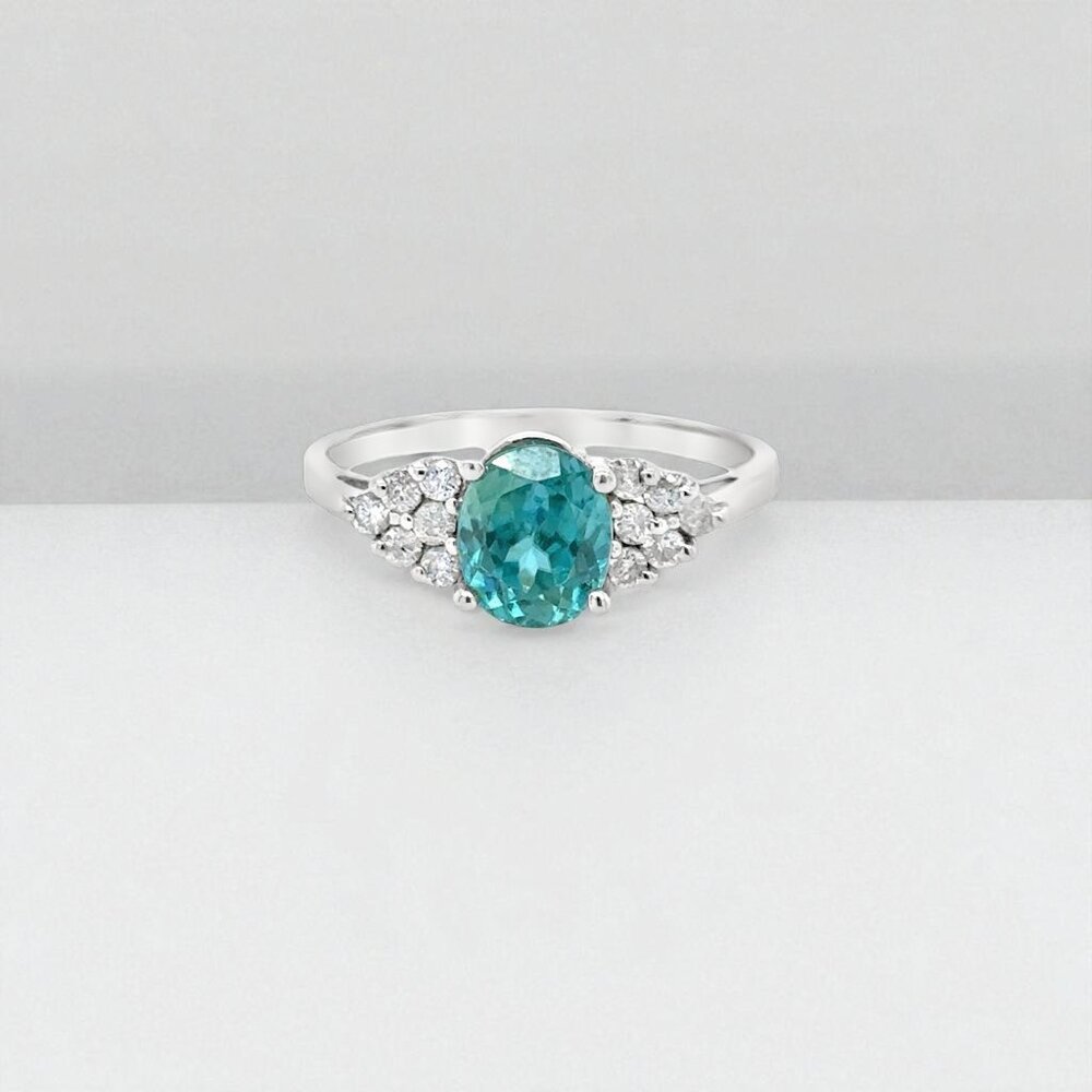 Oval Blue Zircon and Diamond Ring in 14kt White Gold